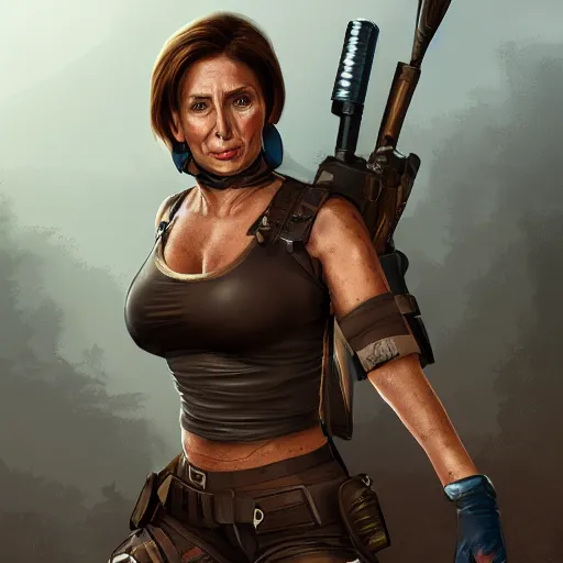 Image similar to Nancy Pelosi as Lara Croft, digital art, artstation, cgsociety, 4k, hyper-detailed