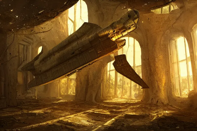 Prompt: an ancient heavily damaged space shuttle in the interior of an ancient courtyard an old oak tree grows inside the courtyard golden rays of sunlight enter through the window gold neon lights digital art trending artstation beautiful cinematic light
