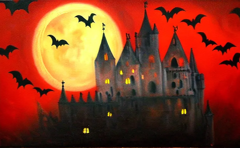 Image similar to red oil painting, full moon, french gothic burning! castle, fog!! clouds!! bats flying away from castle, blur, bokeh,