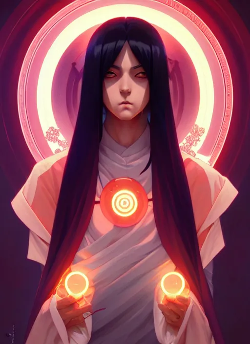 Image similar to symmetry!! itachi, glowing lights!! intricate, elegant, highly detailed, digital painting, artstation, concept art, smooth, sharp focus, illustration, art by artgerm and greg rutkowski and alphonse mucha