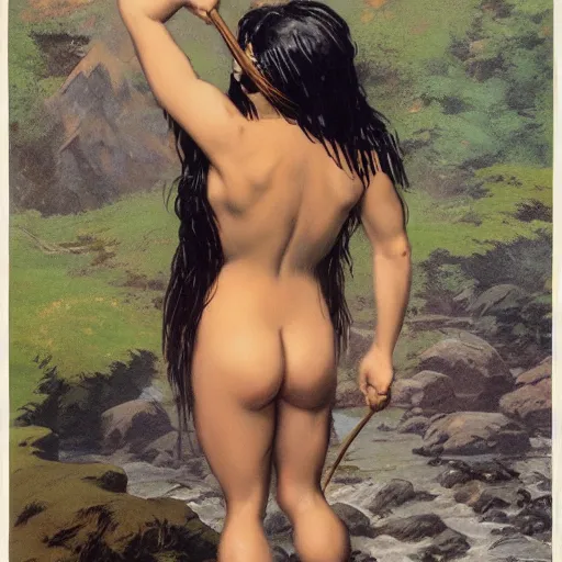 Image similar to a barbarian woman washing her hair in a stream, full body, bending over, facing away, frank frazetta