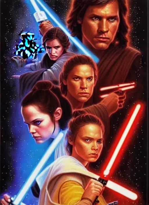 Image similar to epic cinematic poster artwork for featuring portraits for lost star wars film 1 9 9 0 moody painting by drew struzan, beautiful backlit, colorful, epic award winning, artstation, extremely detailed, flare, photorealistic, 4 k