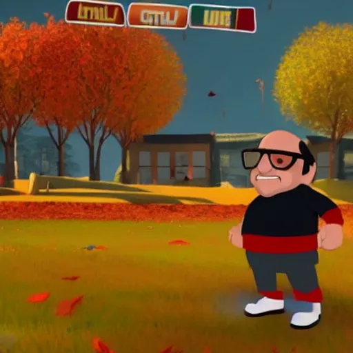 Image similar to a screen shot of danny devito in fall guys game, highly detailed cinematic