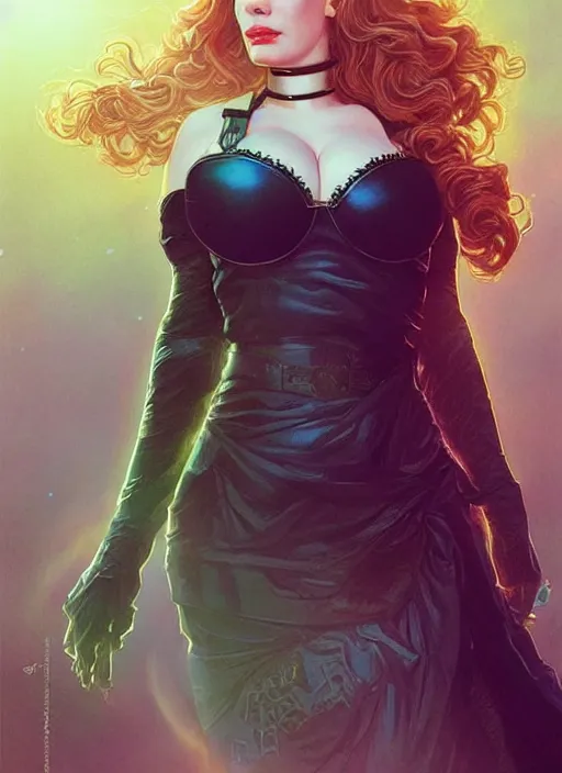 Prompt: epic portrait of Christina Hendricks wearing black choker, a very strong muscled Amazon heroine, sun beams across sky, pink golden hour, intricate, elegance, highly detailed, shallow depth of field, epic vista, concept art, art by Artgerm and Donato Giancola, Joseph Christian Leyendecker
