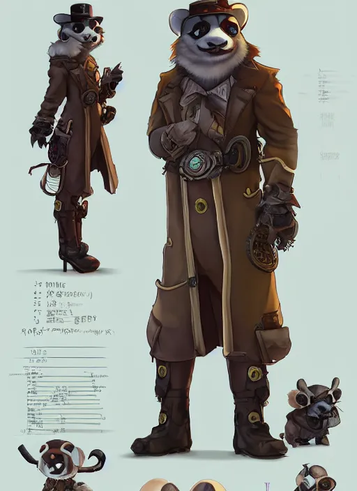 Image similar to a steampunk panda, character concept, character reference sheet. By Makoto Shinkai, Stanley Artgerm Lau, WLOP, Rossdraws, James Jean, Andrei Riabovitchev, Marc Simonetti, krenz cushart, Sakimichan, trending on ArtStation, digital art.