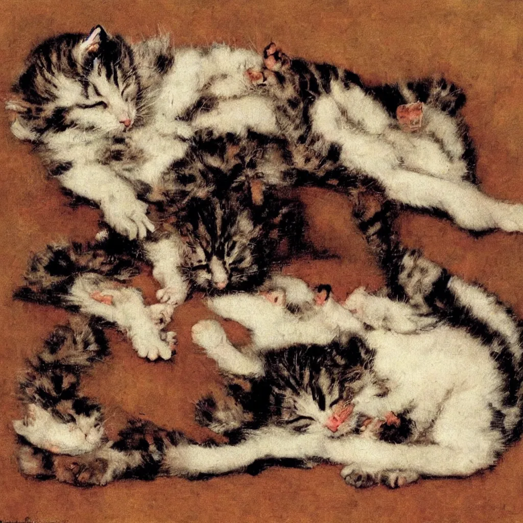 Prompt: Sleeping kitten painted by Norman Rockwell, museum quality painting