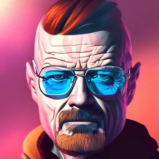 Image similar to high quality illustration, walter white realistic portrait, cyberpunk colors, riot game, alexandre bourlet, vaporwave, lois van baarle, league of legend, digital painting, james jean, dynamic colors, greg rutkuwsky, artstation, concept art