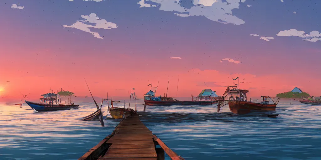 Prompt: pulau indah jetty, boat in foreground, fishing town in background, early morning, detailed matte painting, low angle view, telephoto lens, bokeh, studio ghibli, artstation