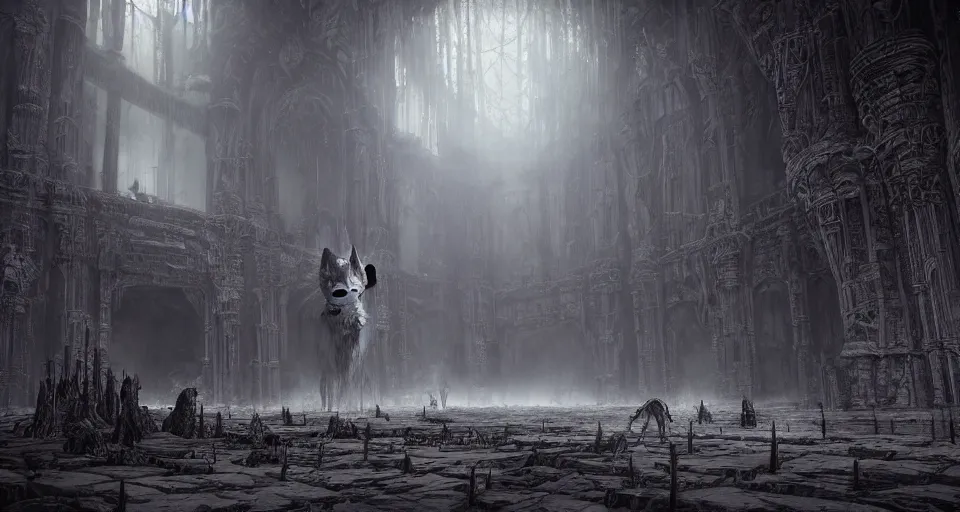 Image similar to king of the wolves - fantasy, inside the king's hall wolves and their treasures, ethereal, ominous, misty, 8 k, by h. r. giger and greg rutkowski, the last guardian by fumito ueda - elden ring