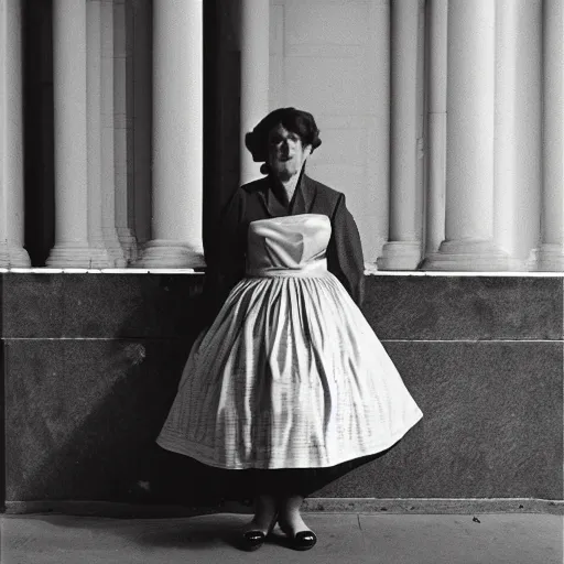 Image similar to photo of a woman in a dress by vivian maier. professional photography.