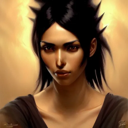 Image similar to woman with short, spiky black hair and dark skin, slanted amber eyes, long thin scar on her face. highly detailed, digital painting, artstation, concept art, sharp focus, beautiful face, expressive eyes, illustration, art by Artgerm and greg rutkowski and alphonse mucha