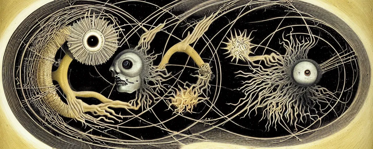 Image similar to a strange earth creature with endearing eyes radiates a unique canto'as above so below'while being ignited by the spirit of haeckel and robert fludd, breakthrough is iminent, glory be to the magic within, in honor of saturn, painted by ronny khalil