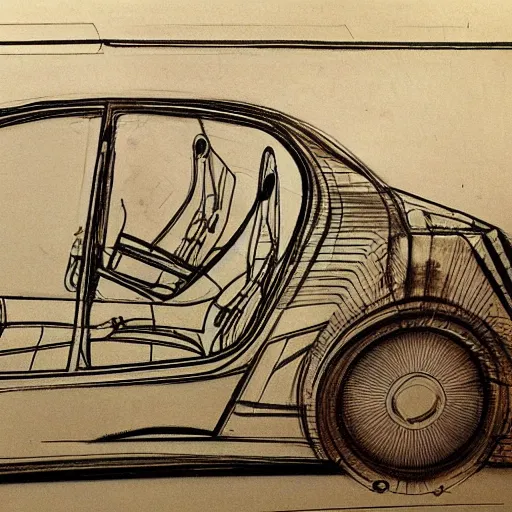 Image similar to various sketches of a futuristic car in the style of leonardo da vinci, ultra detailed, scribbles, technical drawing, engineering blueprints