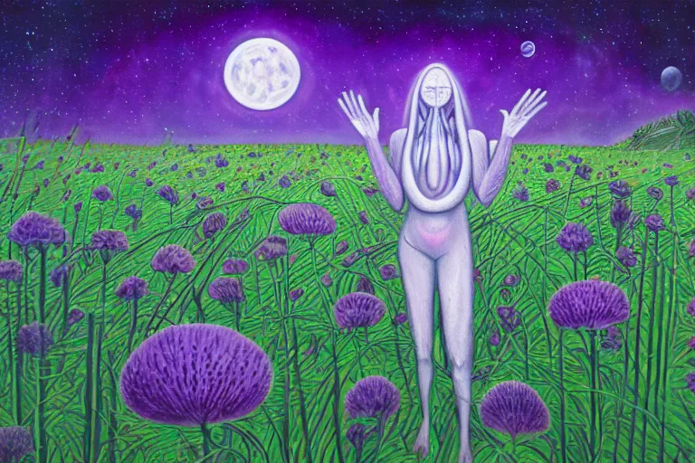 Image similar to a painting of a extraterrestrial alien lost in a meadow, alex grey, tall plants, purple lighting, night sky, glows, moonlight,