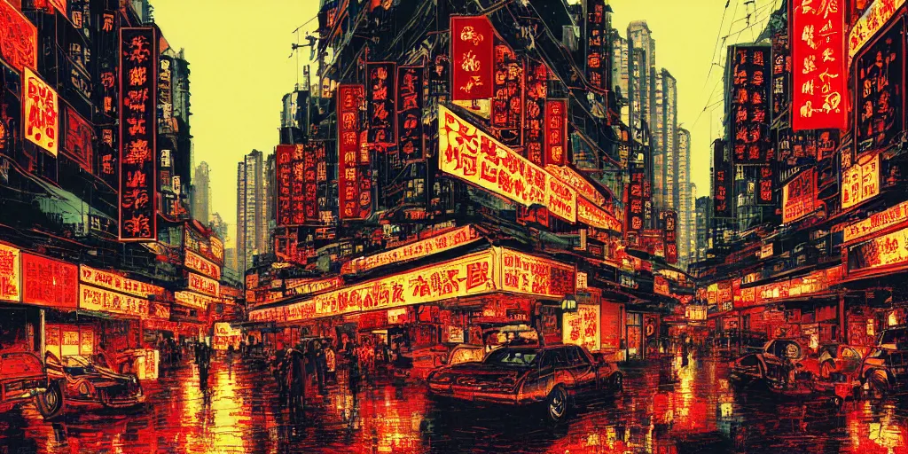 Prompt: artwork of wong kar - wai's hong kong street, by dan mumford and toshi yoshida and peter doig, vintage, highly detailed, dramatic lighting, 8 k