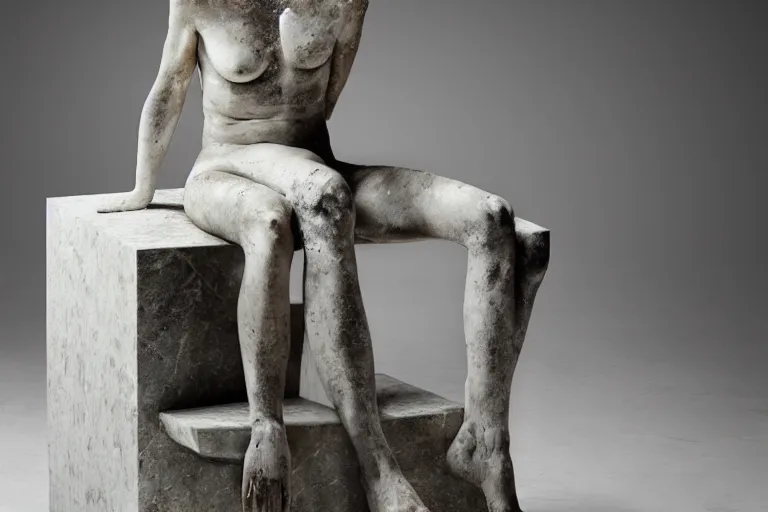 Image similar to a sculpture of a person sitting on top of a chair, a marble sculpture by nicola samori, behance, neo - expressionism, marble sculpture, apocalypse art, made of mist