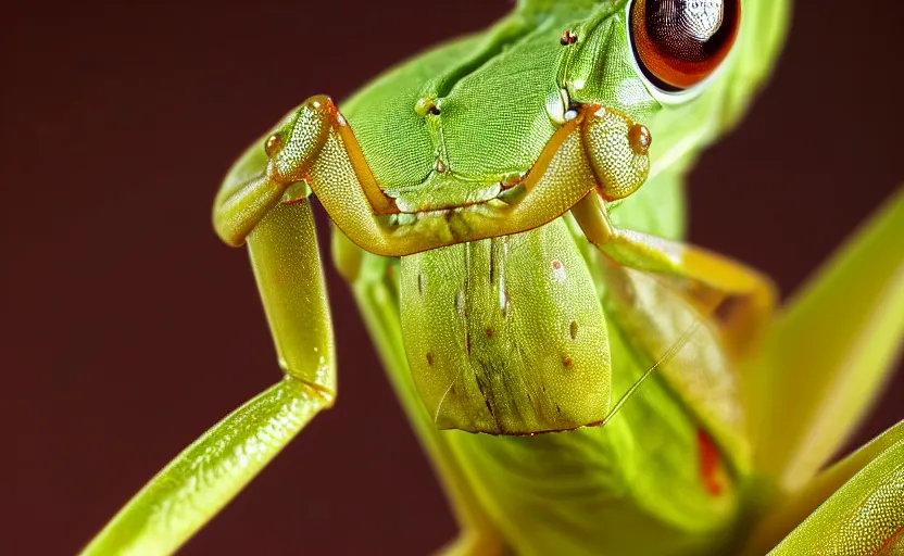 Image similar to extremely detailed macro photograph of a praying mantis, blur, glare, veins, transparency, bubbles, professional photography, studio, microscope