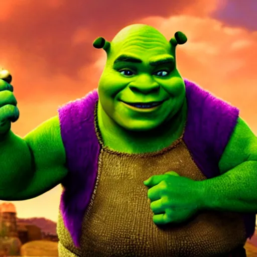 Image similar to Shrek with the infinity gauntlet