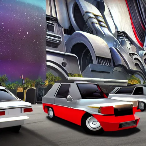 Image similar to sci-fi cars trucks motorcycles 50% of canvas in center and wall near structure on the coronation of napoleon painting and digital billboard in the middle and everything in style of zaha hadid and suprematism forms unreal engine 5 keyshot octane artstation trending bladerunner 2049 colors lighting ultra high detail ultra photo realistic 8k 16k in plastic dark tilt shift