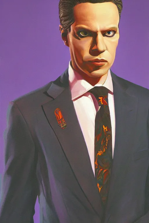 Image similar to a painting of a man wearing a suit and tie, a character portrait by Vladimir Tretchikoff, digital art by by József Borsos, cyberpunk art by Ed Paschke, trending on Artstation, digital painting, digital illustration, vaporware