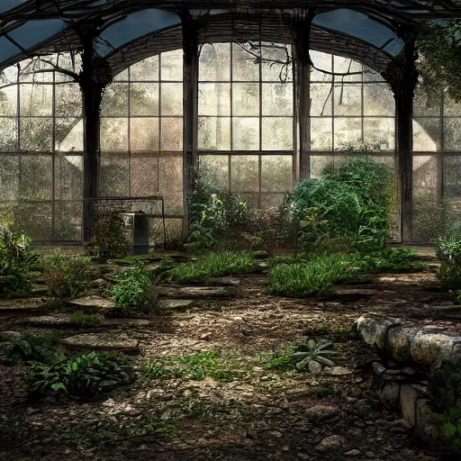 Image similar to a realistic digital painting of a dimly lit stone garden inside an abandoned greenhouse