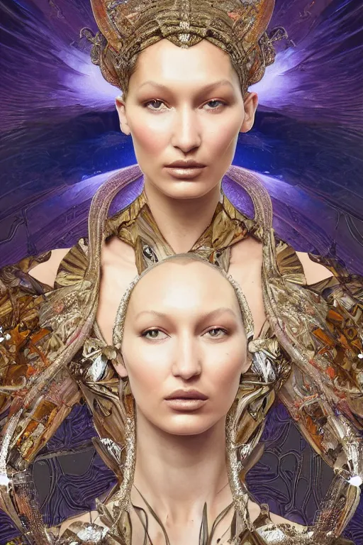 Image similar to a highly detailed painting of a beautiful alien goddess bella hadid in iris van herpen dress schiaparelli in diamonds in style of alphonse mucha art nuvo trending on artstation octane render