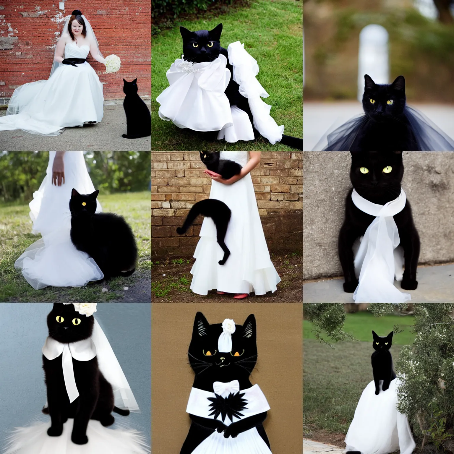 Prompt: a black cat wearing a white wedding dress
