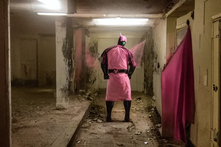 Image similar to batman wearing pink apron wielding an axe, chasing through old brown decrepit hallway, creepy smile, atmospheric eerie lighting, dim lighting, bodycam footage, photograph