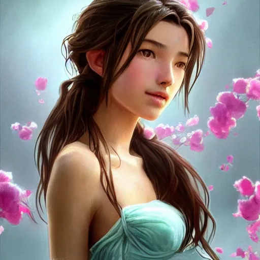 Prompt: portrait of aerith gainsborough with a towel wrapped around her torso!!!!!, towel wrapped around her hair!!!!!, casual, modern, victoria's secret, highly detailed, digital painting, artstation, concept art, smooth, sharp focus, illustration, art by artgerm, greg rutkowski and alphonse mucha
