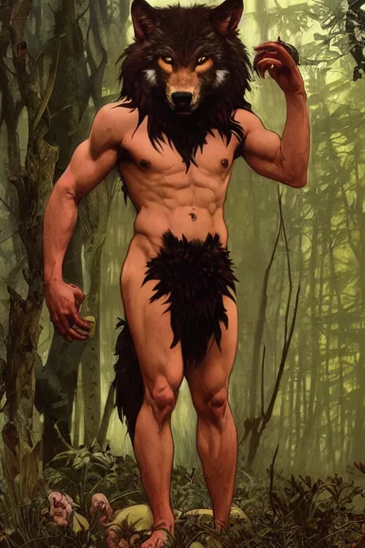 Prompt: full figure portrait of a beautiful young fit male werewolf, wolf head, partially male hairy torso, fur covered legs, feral scene, by greg rutkowski and alphonse mucha, d & d character, gradient red to black, in front of a forest background, highly detailed portrait, digital painting, artstation, concept art, smooth, sharp focus ilustration, artstation hq