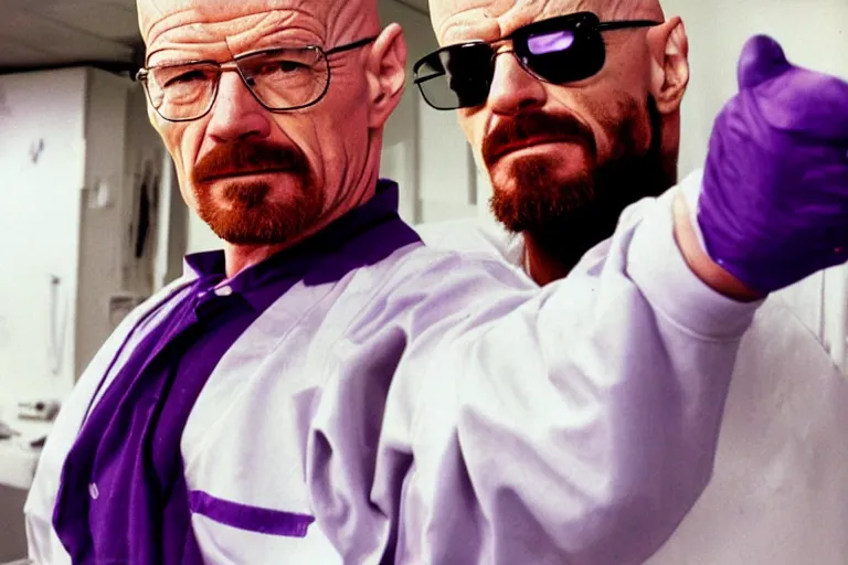 Image similar to walter white as a white gang member wearing a purple head covering made from a polyester or nylon material and a stained white tank top doing a drive - by shooting, arms covered in gang tattoo, paparazzi, leaked footage, uncomfortable, bad quality