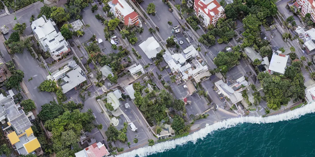 Image similar to isometric view of residential apartments being swept away by a tsunami, drone shot, hyper realistic aerial photography, 8k award-winning image