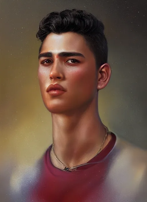Prompt: magic realism portrait of a handsome young latino gang member in el paso, art by manuel sanjulian and tom bagshaw, hyperrealism, artstation