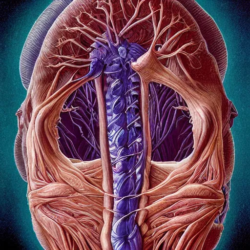 Image similar to nightmare etherreal iridescent vascular nerve bundles pearlescent spinal chord horror by Naoto Hattori, Zdzislaw, Norman Rockwell, Studio Ghibli, Anatomical cutaway