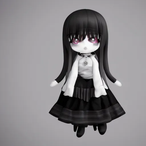 Image similar to cute fumo plush of a girl with a dark secret, black and white, lit from below, vray