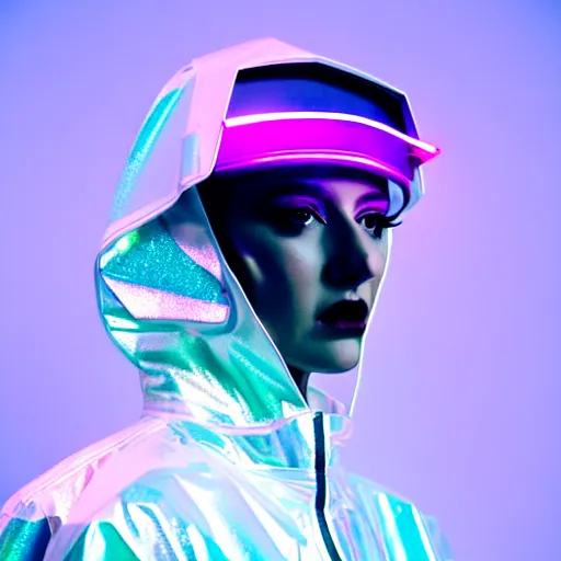 Image similar to an ultra high definition professional studio quality photograph of an artificially intelligent celebrity cyberpunk pop star wearing a transparent iridescent pastel coloured face visor and matching raincoat on white coat hook in a sheer icelandic black rock environment. dramatic lighting. volumetric shadows. light rays