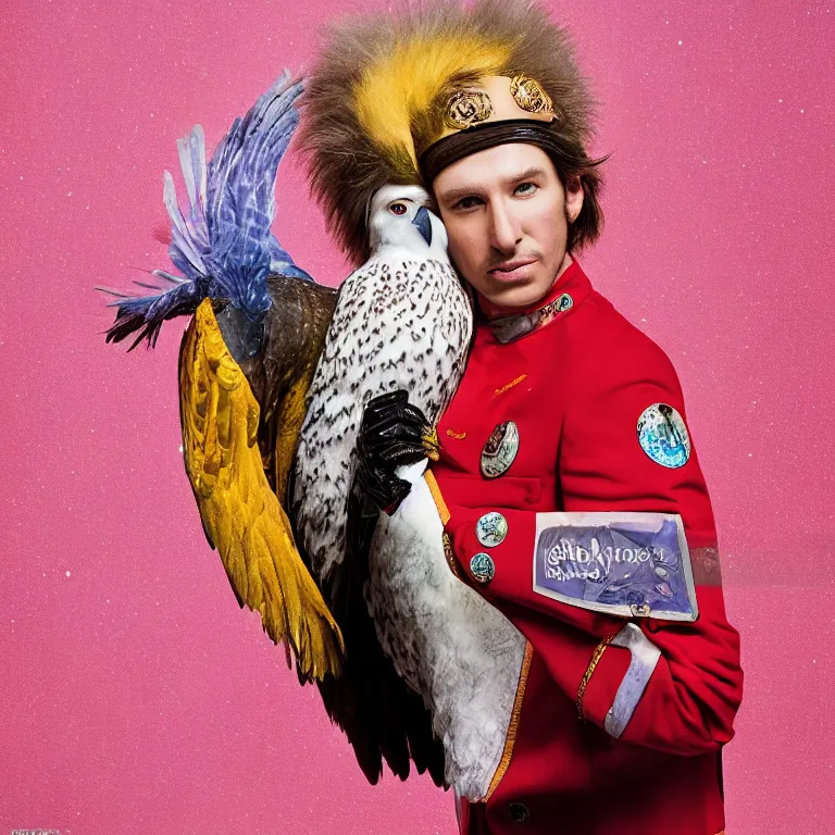 Image similar to high fashion photoshoot octane render portrait by wayne barlow and carlo crivelli and glenn fabry, an actor wearing a colorful wes anderson designed uniform and holding a snow owl inside a high - end exotic colorful pastel vintage boutique hotel lounge, very short depth of field, bokeh