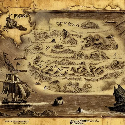 Prompt: old torn treasure map showing the treasure of skull island, pirates treasure map, high detail, high res, hyperrealistic,