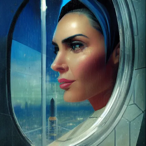 Image similar to detailed face of an arabic woman, tectonic cityscape, skydome, reactor, utopian, wet reflections, prism, atmospheric, ambient, pj crook, syd mead, livia prima, artgerm, greg rutkowski, nick alm, casey baugh