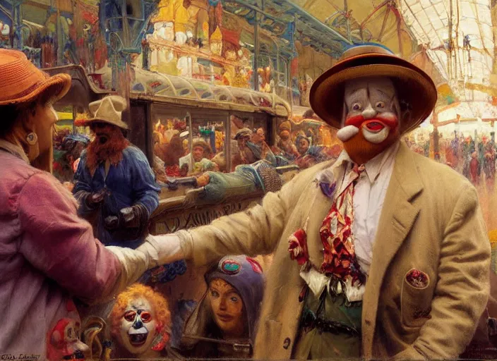 Image similar to a clown selling goodies on the train, highly detailed painting by gaston bussiere, craig mullins, j. c. leyendecker 8 k