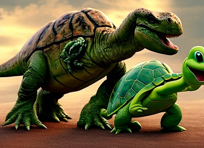 Image similar to film still of yoshi in the new sci - fi movie, cute upright dinosaur with a small turtle shell and long tongue, 8 k