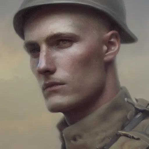 Image similar to a dramatic epic ethereal portrait of a British WWI soldier, young male, detailed face, 20th century, cinematic lighting, highly detailed oil on canvas painting by Greg Rutkowski, winning-award digital art trending on Artstation