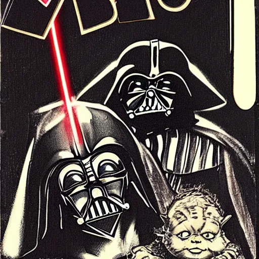 Prompt: a romance novel cover from 1 9 8 3, paperback, drawing, darth vader holding yoda on the cover, romantic