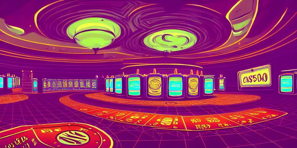 Image similar to extreme wide angle curly perspective digital art of indoor casino with a stage pale colors by anton fadeev from nightmare before christmas