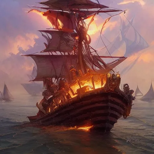 Prompt: !! pirate ship on fire!! d & d fantasy intricate elegant highly detailed digital painting artstation concept art matte sharp focus illustration hearthstone art by artgerm art by greg rutkowski art by alphonse mucha