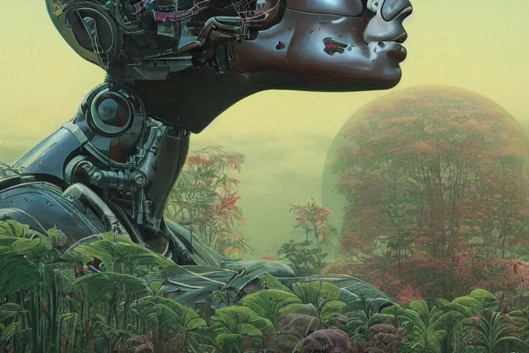 Image similar to gigantic robot - girl head floating in the space, a lot of exotic plants, trees, flowers, oldschool vintage sci - fi flat surreal grainy design, super - detailed, oil painting by moebius, hd, 4 k, high quality