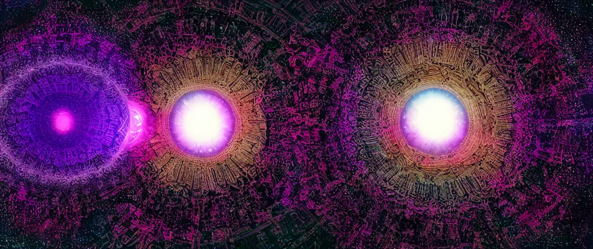 Image similar to realistic photo of a black hole in space, mandala art, volumetric, particles, physical, translucence, cinematic lighting, iridescence