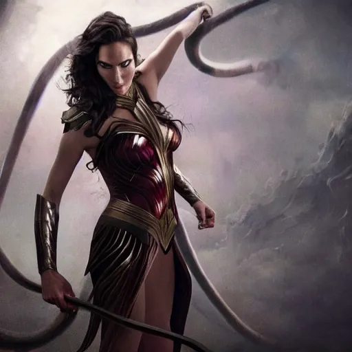 Image similar to Full body photo of the beautiful woman Gal Gadot as a Medusa, she is looking straight to the camera, she has a glow coming from her, she is getting illuminated for rays of light, behind her is a scary atmosphere, the photo was taking by Annie Leibovitz, matte painting, oil painting, naturalism, 4k, 8k