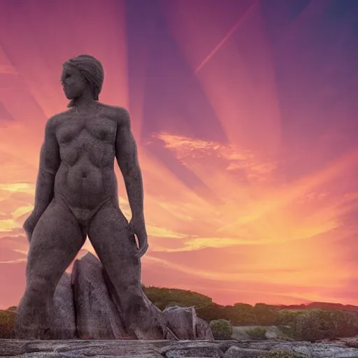 Image similar to a giant stone statue of the lambda symbol, epic sunset skies in the background, highly detailed digital art by jullie bell