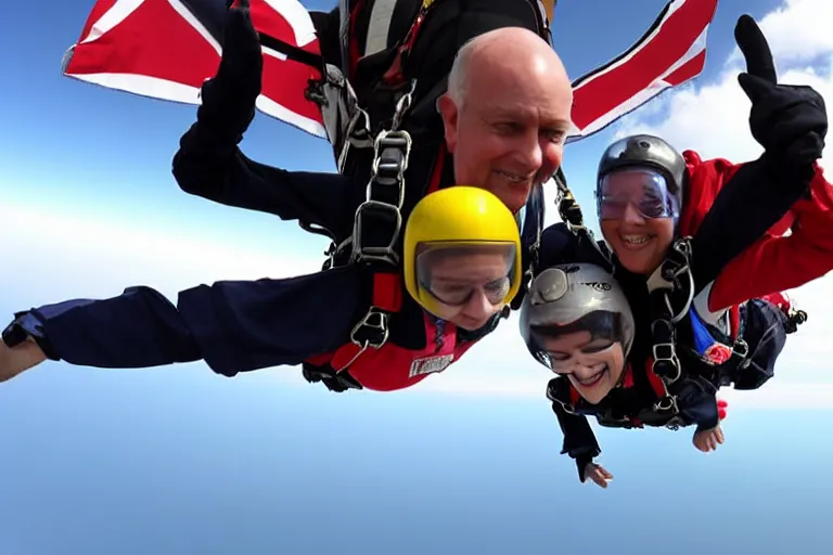 Image similar to close - up wide - angle photo of queen elizabeth skydiving